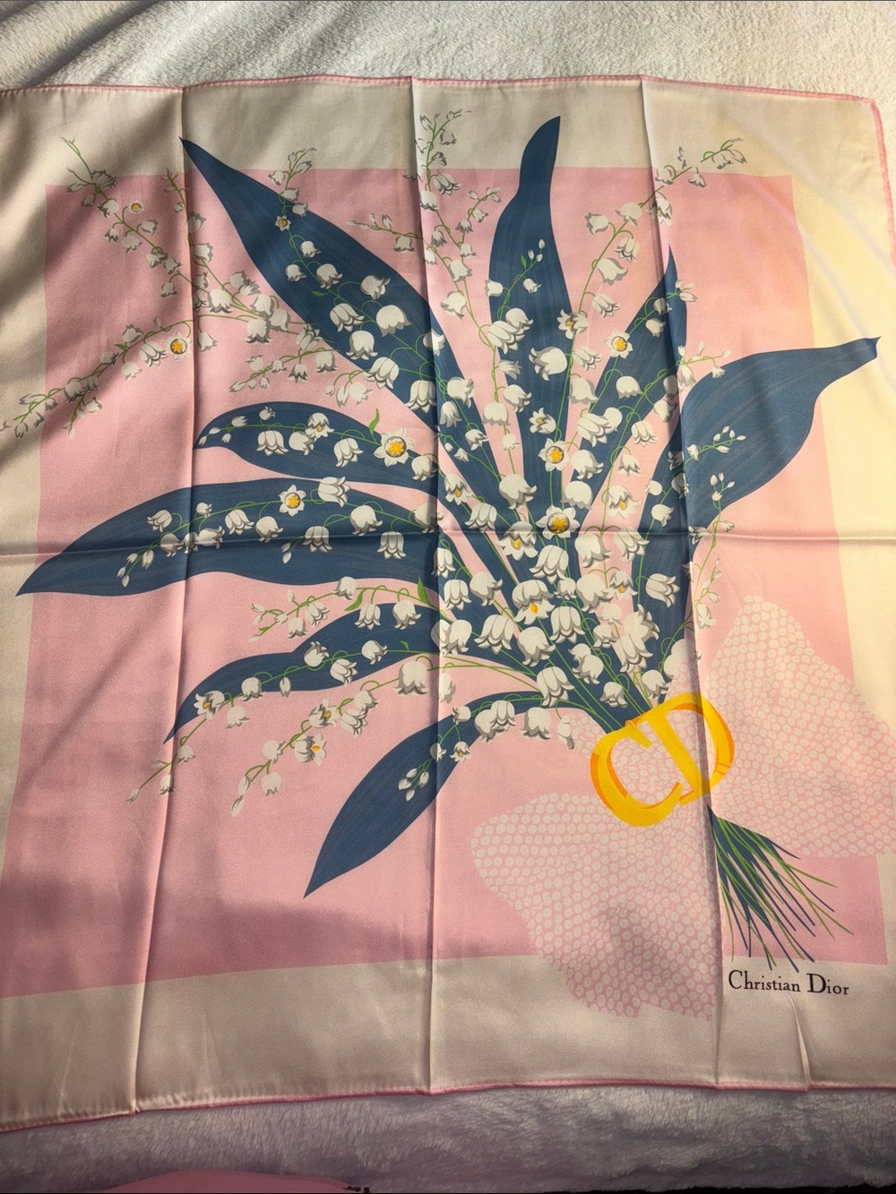 Dior Pink Silk Scarf with Blue Leaves and White Lily-of-the-Valley Bouquet